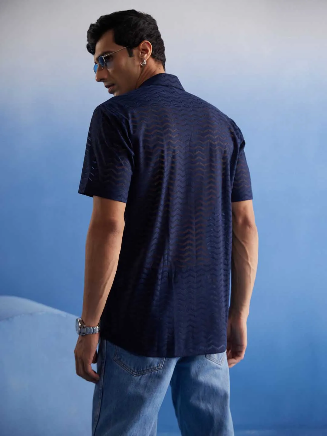 Jashvi Men's Navy Blue Net Shirt
