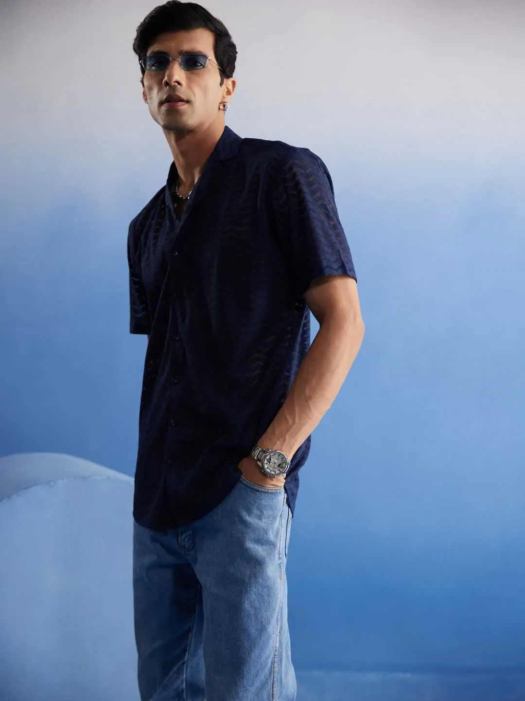 Jashvi Men's Navy Blue Net Shirt