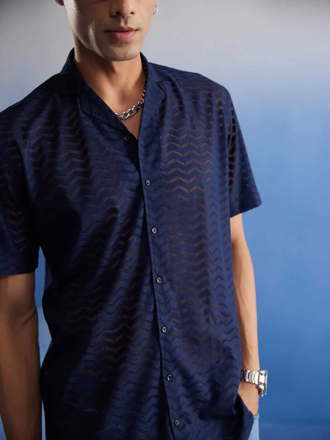Jashvi Men's Navy Blue Net Shirt