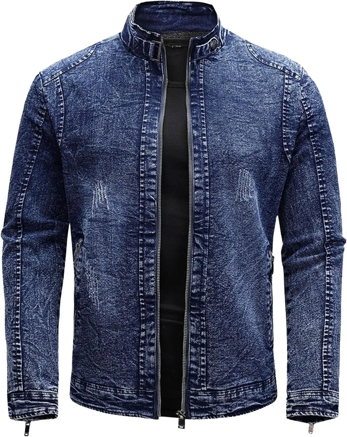 JEKE-DG Men's Stand Collar Vintage Casual Jean Jacket Slim Fit Lined Trucker Denim Jacket Full Zip Classic Biker Jackets