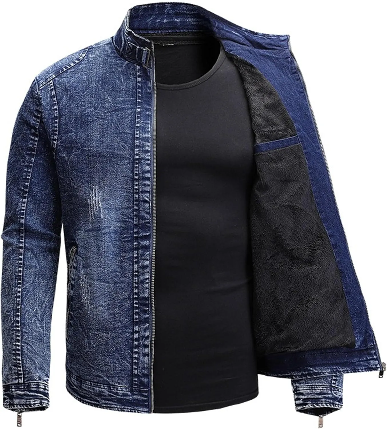 JEKE-DG Men's Stand Collar Vintage Casual Jean Jacket Slim Fit Lined Trucker Denim Jacket Full Zip Classic Biker Jackets