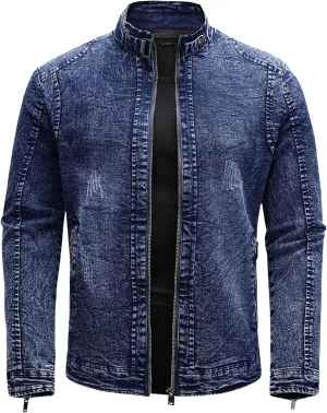 JEKE-DG Men's Stand Collar Vintage Casual Jean Jacket Slim Fit Lined Trucker Denim Jacket Full Zip Classic Biker Jackets