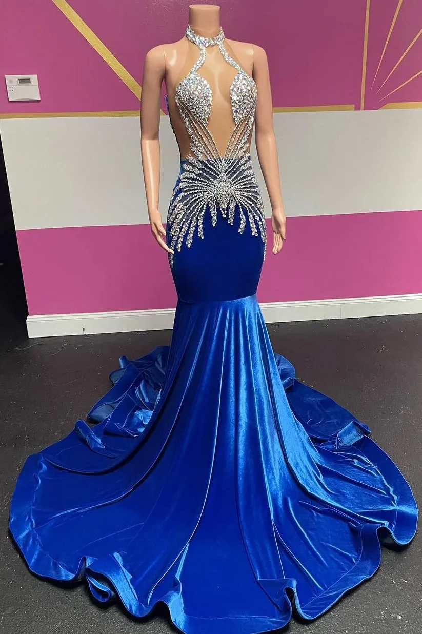 kamahe Royal Blue Halter Velvet Mermaid Silver Beaded Prom Dresses