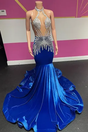 kamahe Royal Blue Halter Velvet Mermaid Silver Beaded Prom Dresses