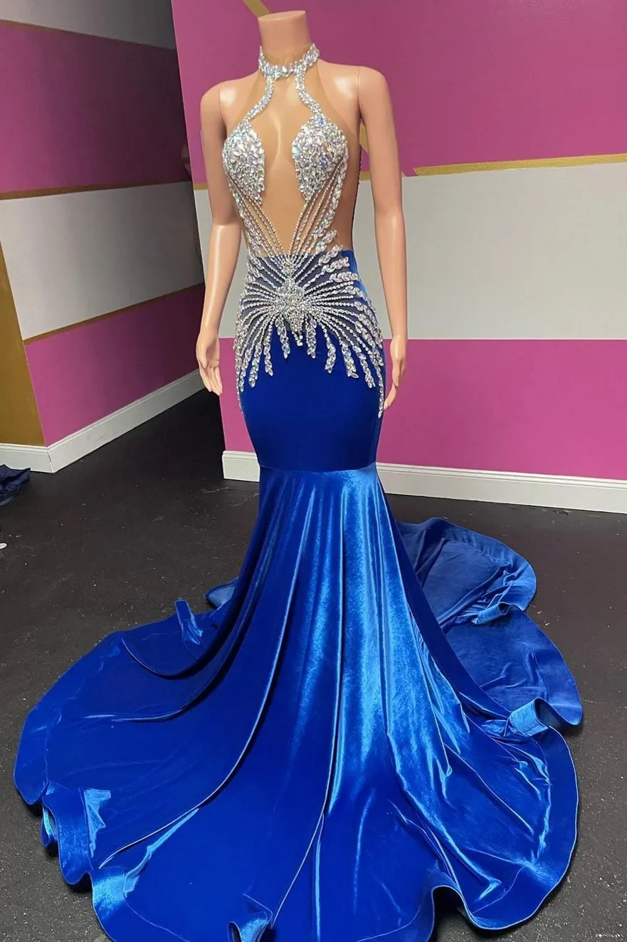 kamahe Royal Blue Halter Velvet Mermaid Silver Beaded Prom Dresses