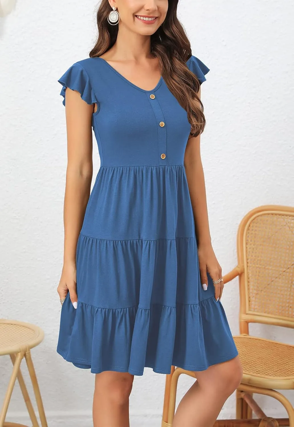 Lamilus Summer Dresses for Women 2023 Casual V Neck Button Down Ruffle Sleeve Short Tiered Baby Doll Beach Swing Sundresses