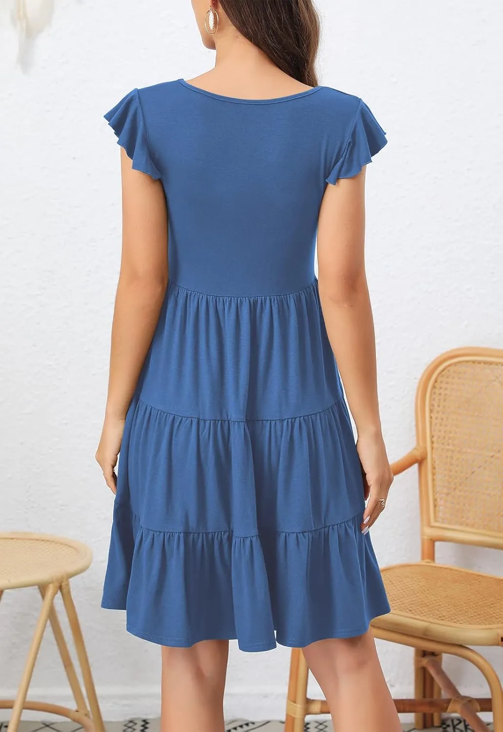 Lamilus Summer Dresses for Women 2023 Casual V Neck Button Down Ruffle Sleeve Short Tiered Baby Doll Beach Swing Sundresses