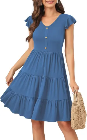 Lamilus Summer Dresses for Women 2023 Casual V Neck Button Down Ruffle Sleeve Short Tiered Baby Doll Beach Swing Sundresses