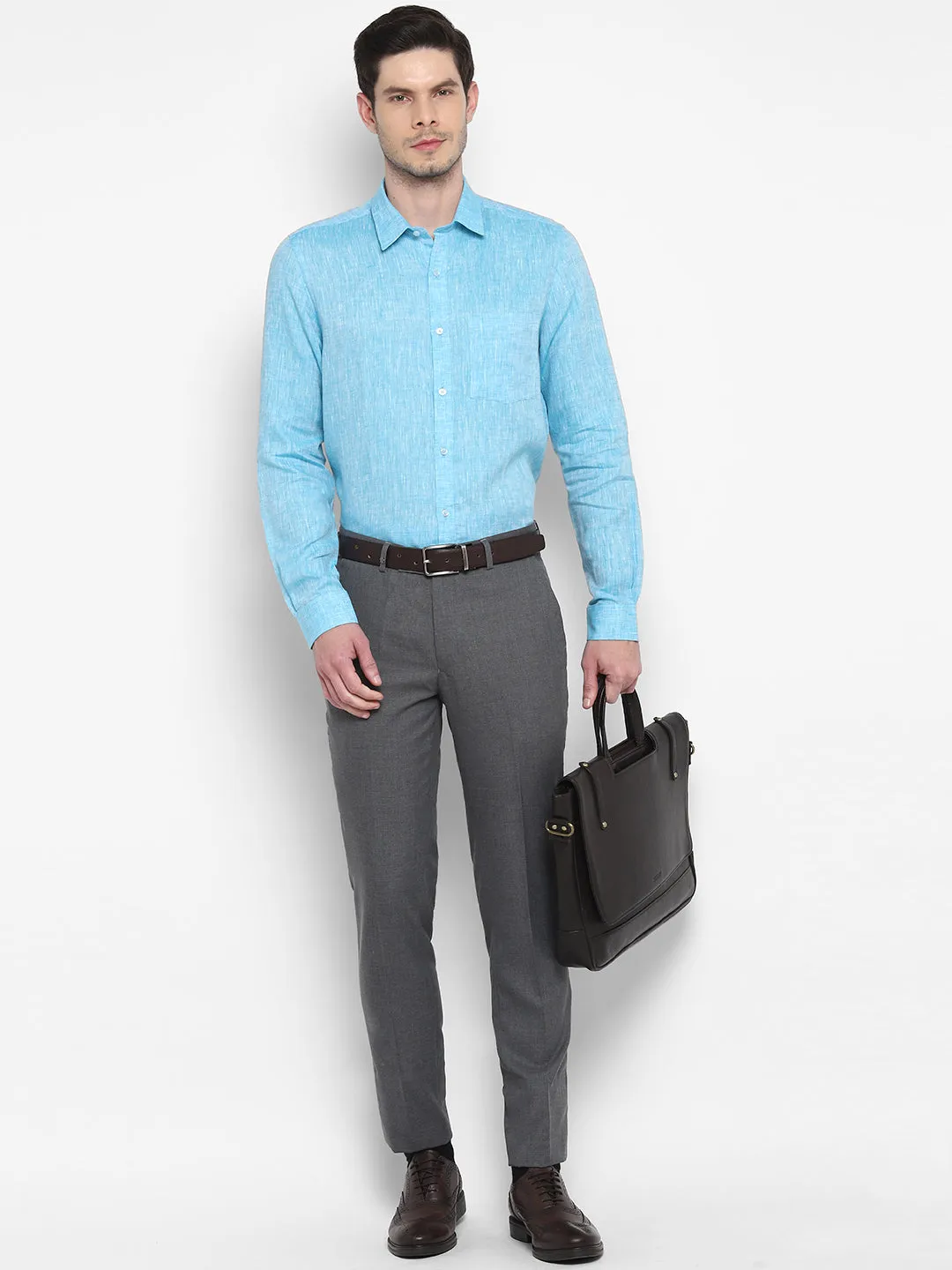 Light Blue Linen Solid Slim Fit Shirt