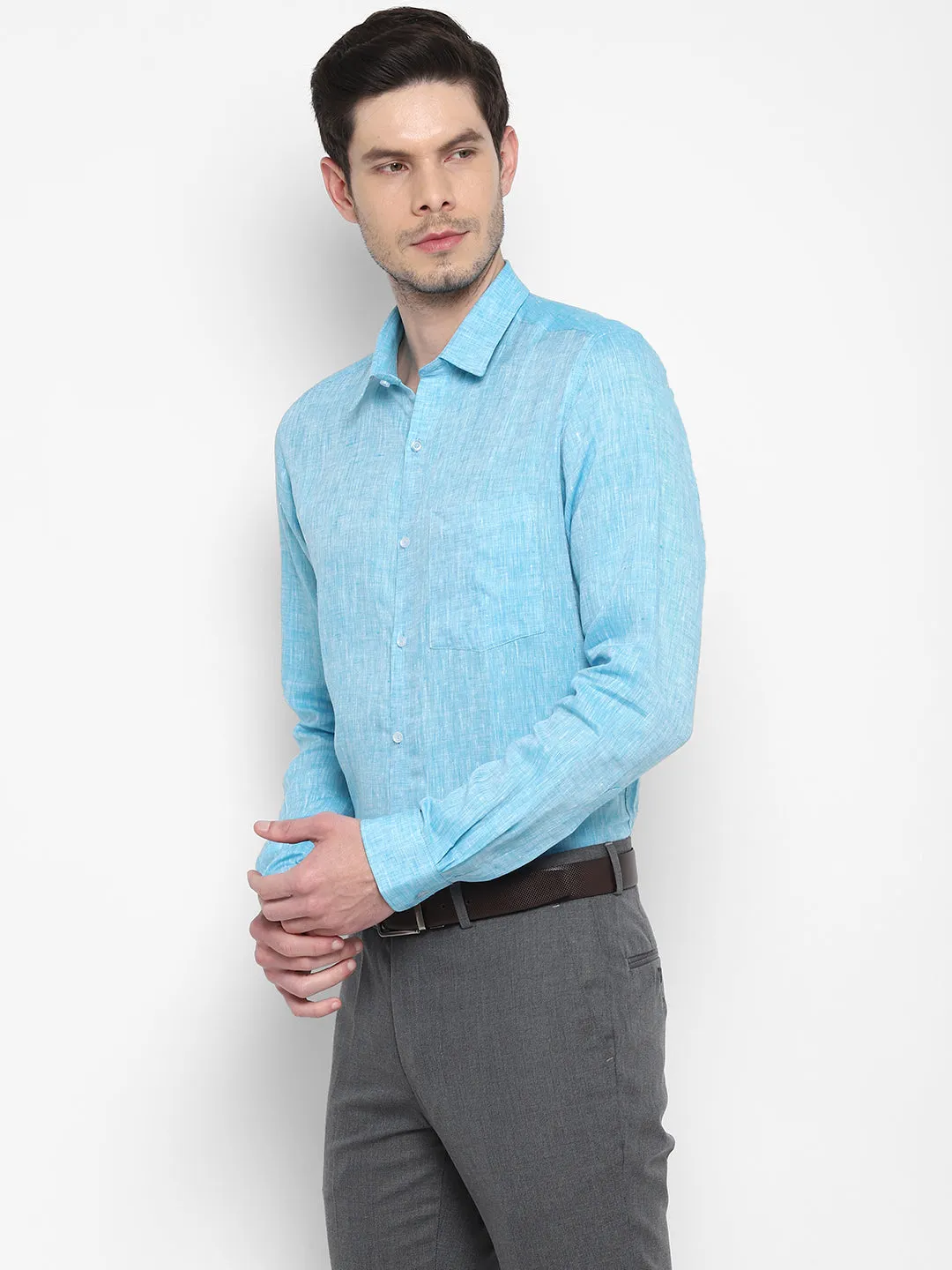 Light Blue Linen Solid Slim Fit Shirt