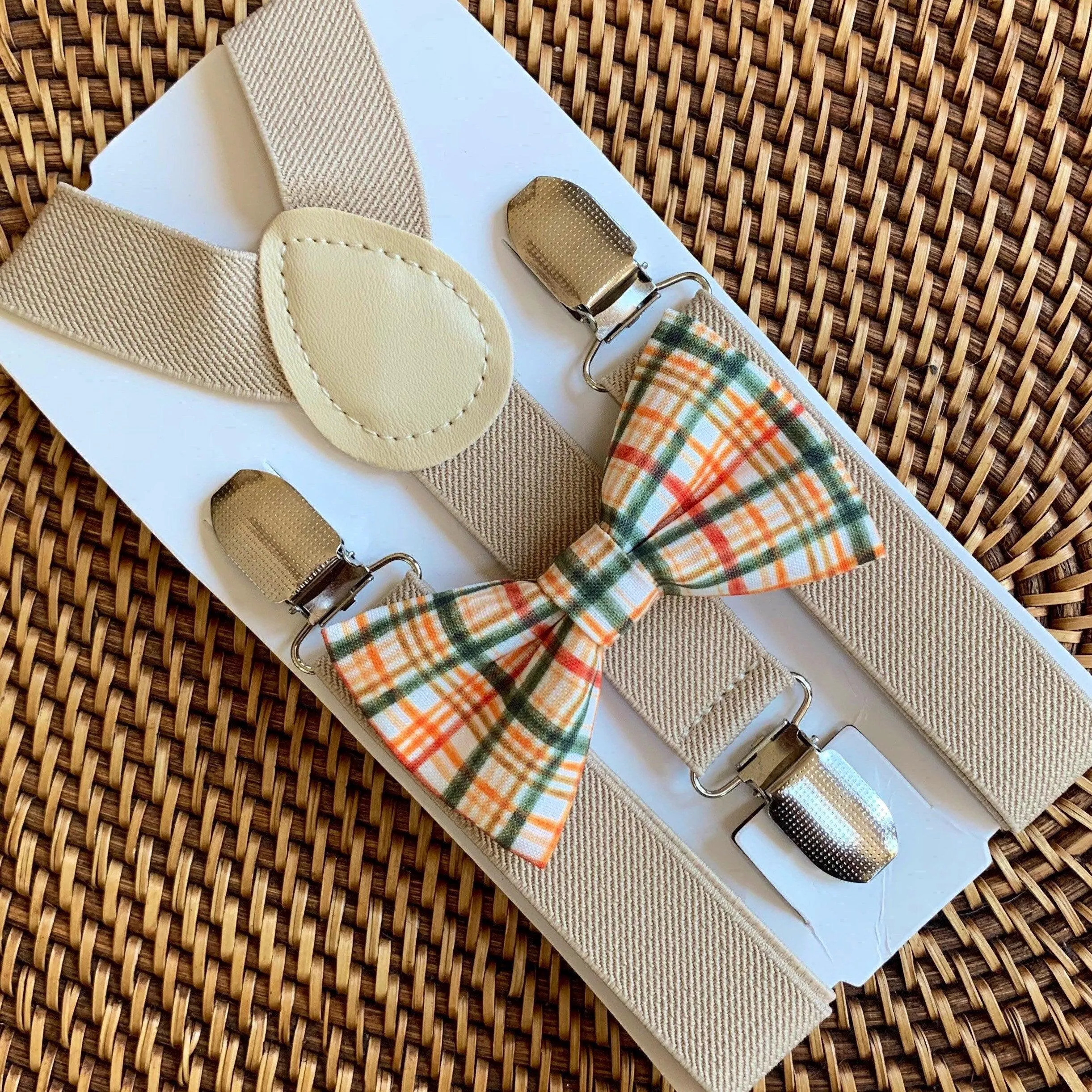 Light Orange Plaid Bow Tie & Tan Suspenders Set