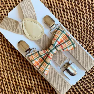 Light Orange Plaid Bow Tie & Tan Suspenders Set