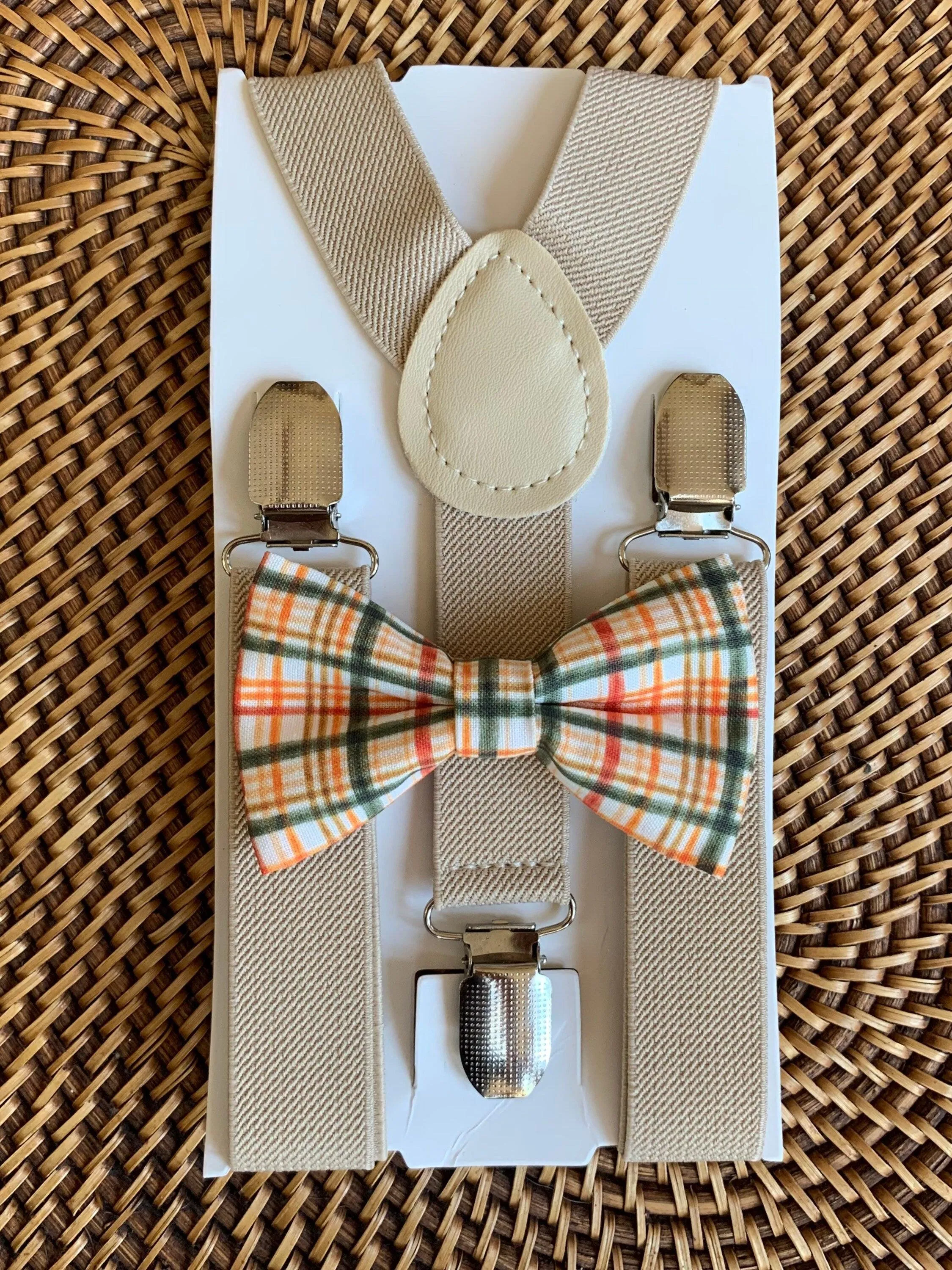 Light Orange Plaid Bow Tie & Tan Suspenders Set