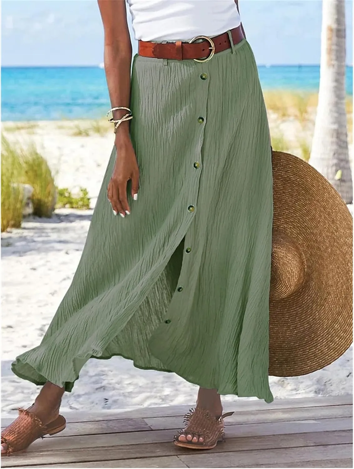 Linen Maxi Skirts for Women Summer Lightweight Midi Waisted Split Button Skorts Casual Breathable A Line Beach Skirt