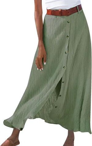 Linen Maxi Skirts for Women Summer Lightweight Midi Waisted Split Button Skorts Casual Breathable A Line Beach Skirt