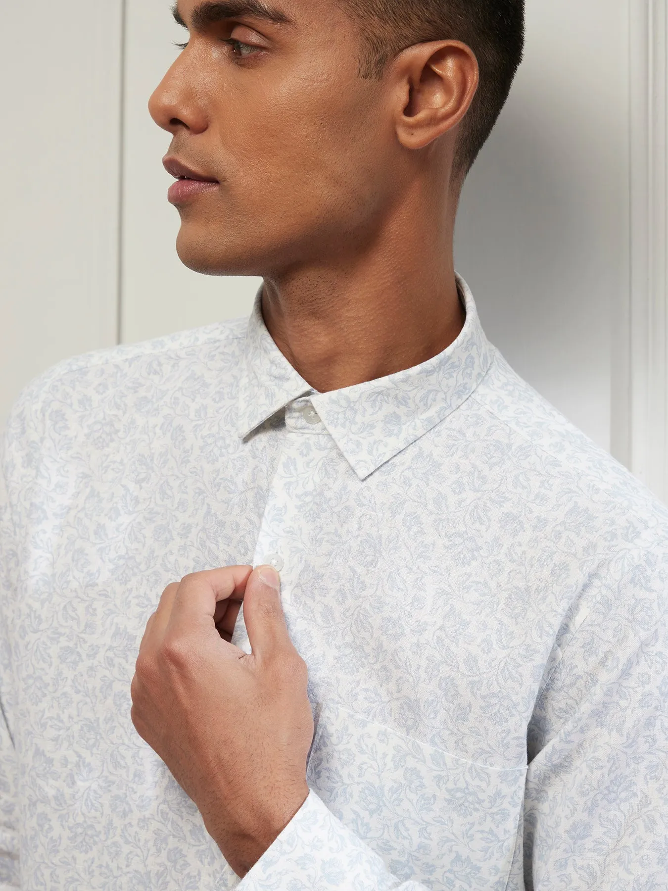 Linen Viscose White Printed Slim Fit Full Sleeve Ceremonial Shirt