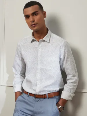 Linen Viscose White Printed Slim Fit Full Sleeve Ceremonial Shirt
