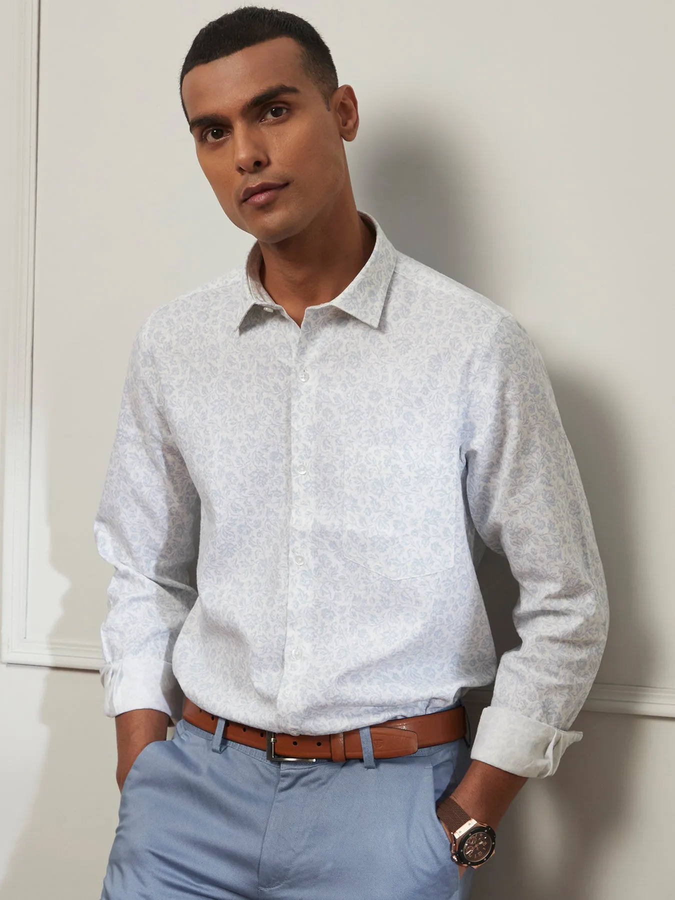 Linen Viscose White Printed Slim Fit Full Sleeve Ceremonial Shirt