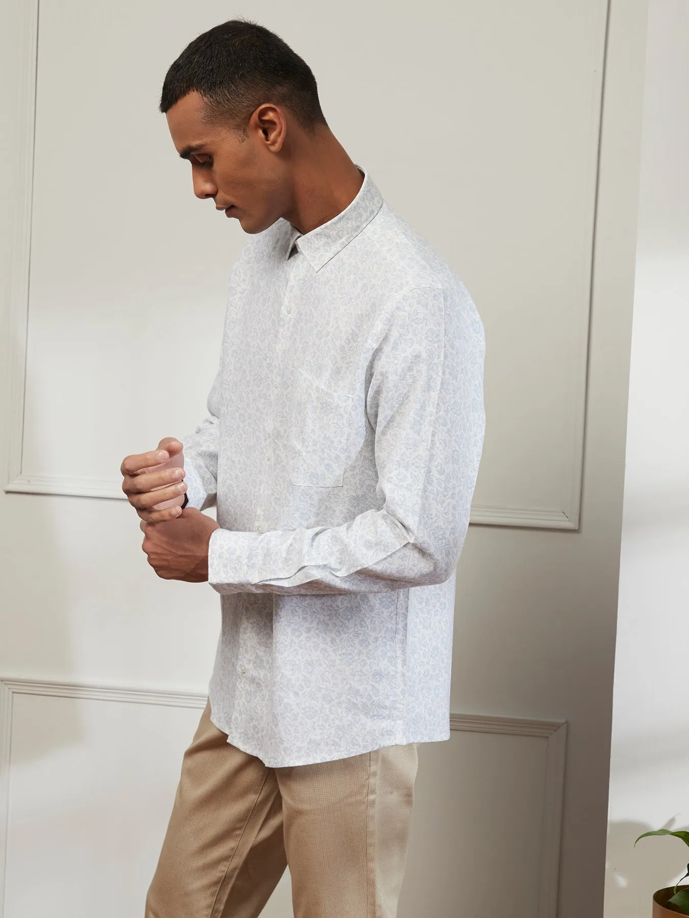 Linen Viscose White Printed Slim Fit Full Sleeve Ceremonial Shirt