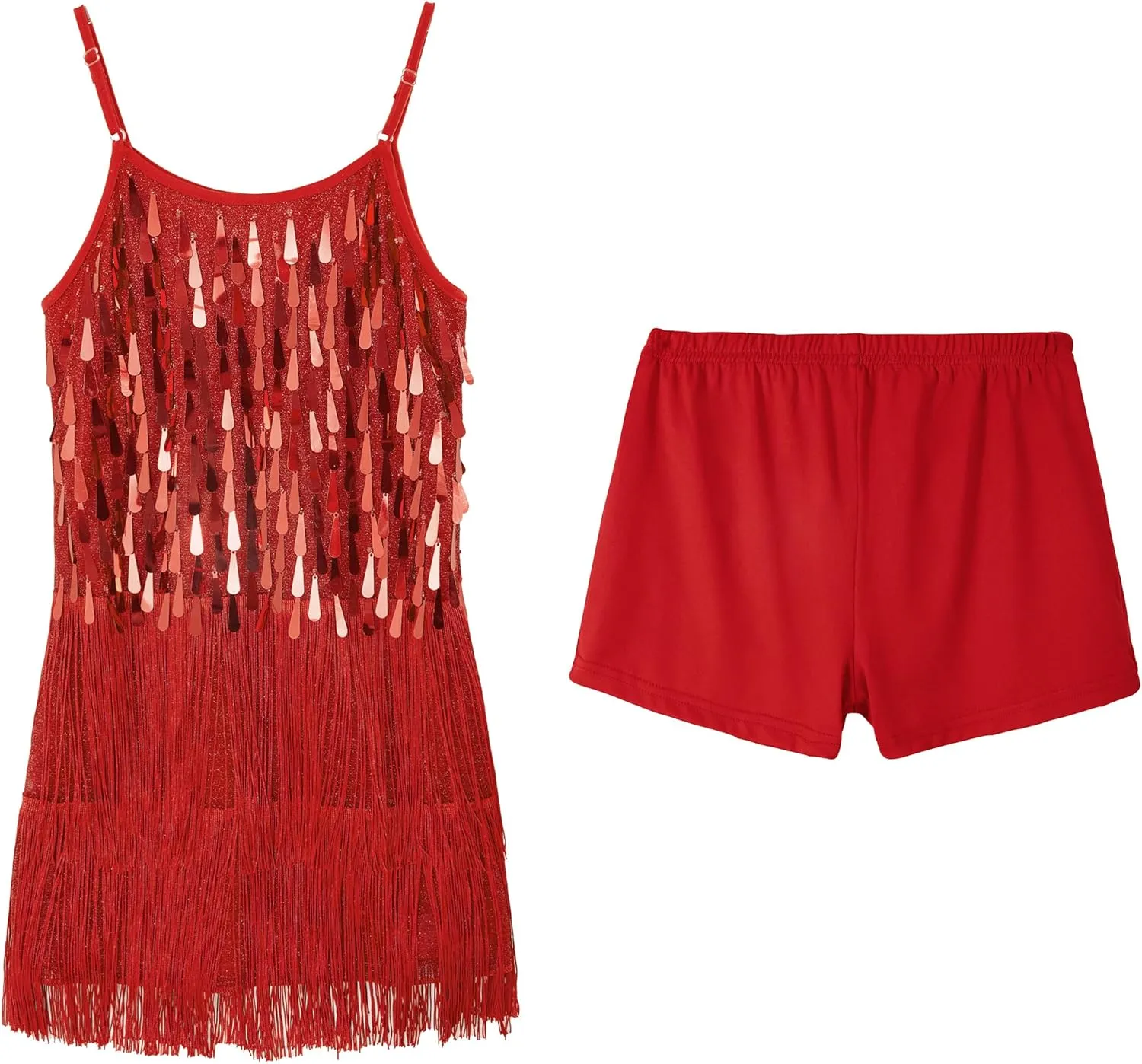 LOLANTA 2Pcs Girls Sequin Fringe Dress, Salsa Cha Cha Tassel Latin Dance Dress & Shorts, Adjustable Spaghetti Strap 5-13 Yrs