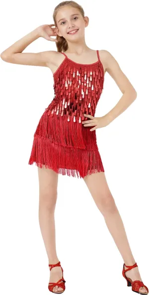 LOLANTA 2Pcs Girls Sequin Fringe Dress, Salsa Cha Cha Tassel Latin Dance Dress & Shorts, Adjustable Spaghetti Strap 5-13 Yrs