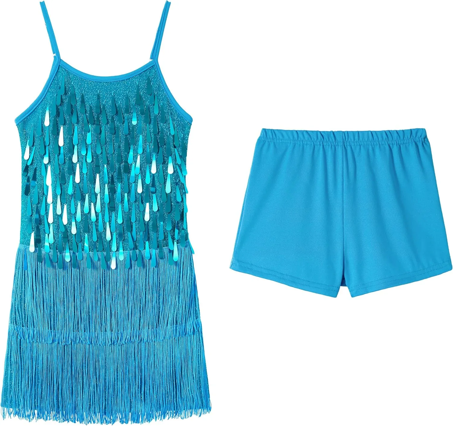LOLANTA 2Pcs Girls Sequin Fringe Dress, Salsa Cha Cha Tassel Latin Dance Dress & Shorts, Adjustable Spaghetti Strap 5-13 Yrs