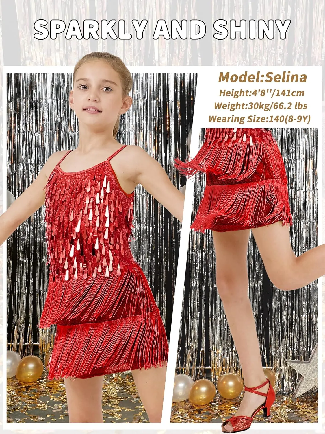 LOLANTA 2Pcs Girls Sequin Fringe Dress, Salsa Cha Cha Tassel Latin Dance Dress & Shorts, Adjustable Spaghetti Strap 5-13 Yrs