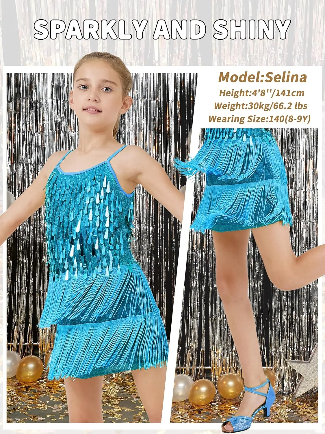 LOLANTA 2Pcs Girls Sequin Fringe Dress, Salsa Cha Cha Tassel Latin Dance Dress & Shorts, Adjustable Spaghetti Strap 5-13 Yrs