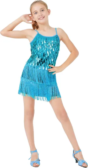 LOLANTA 2Pcs Girls Sequin Fringe Dress, Salsa Cha Cha Tassel Latin Dance Dress & Shorts, Adjustable Spaghetti Strap 5-13 Yrs