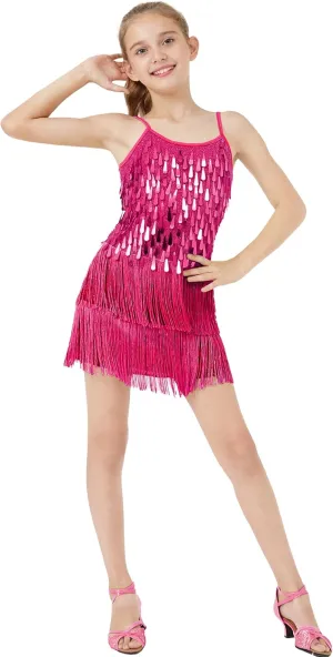 LOLANTA 2Pcs Girls Sequin Fringe Dress, Salsa Cha Cha Tassel Latin Dance Dress & Shorts, Adjustable Spaghetti Strap 5-13 Yrs