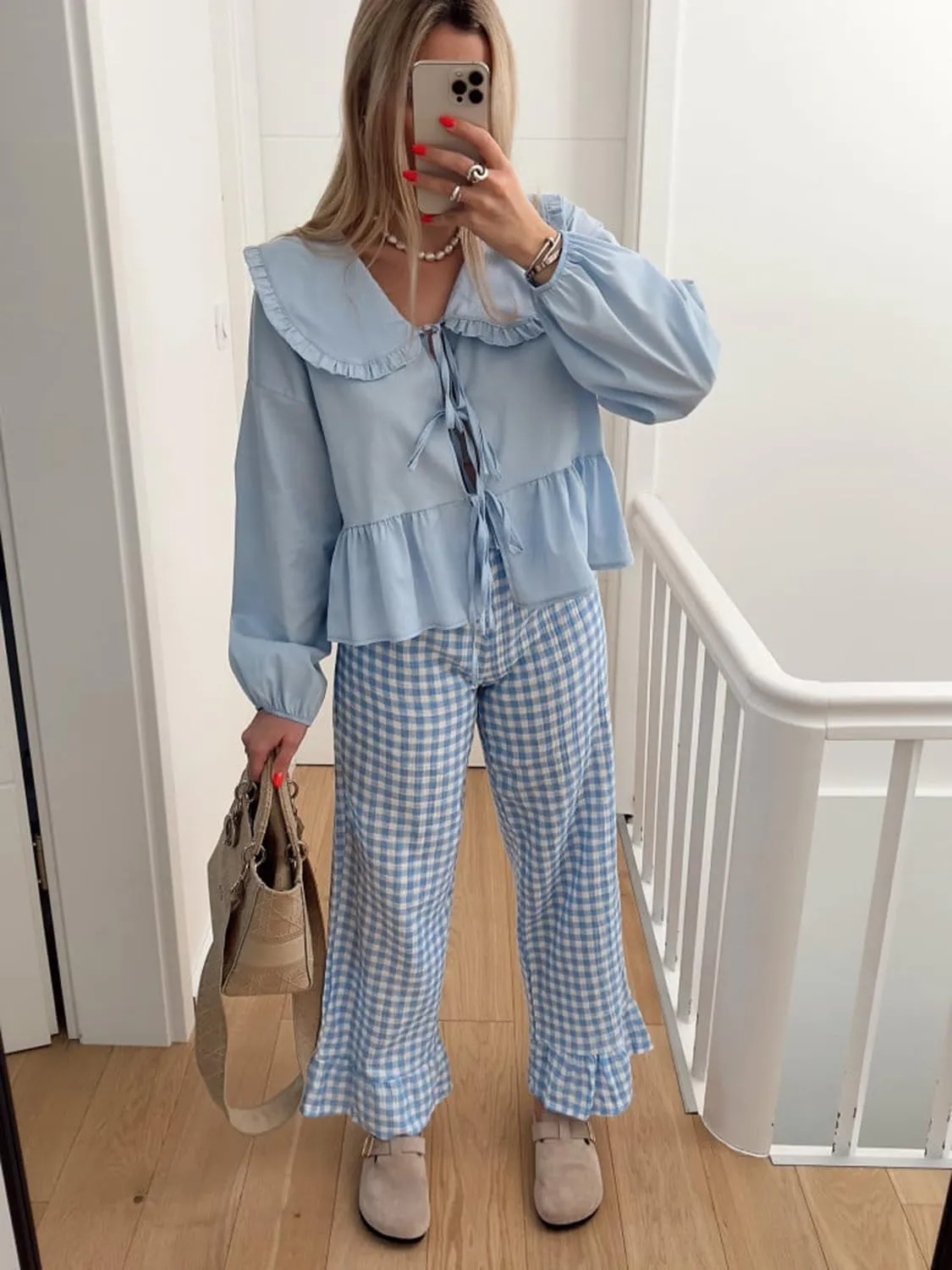 Lunoakvo Women Lapel Doll Collar Blouse Puff Sleeve Pleated Tie Front Peplum Shirts Summer Cute Babydoll Tops