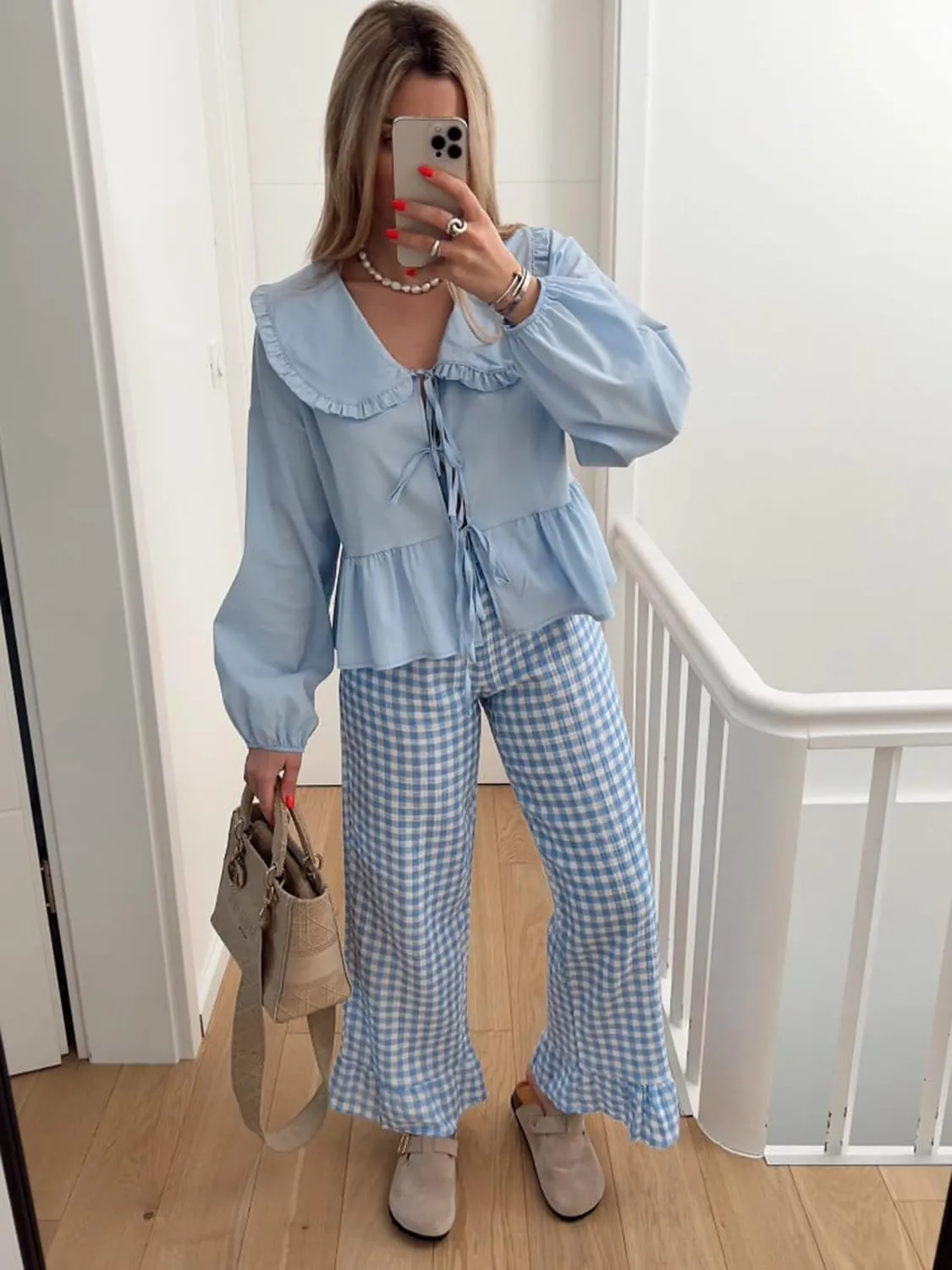 Lunoakvo Women Lapel Doll Collar Blouse Puff Sleeve Pleated Tie Front Peplum Shirts Summer Cute Babydoll Tops