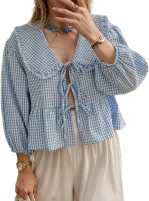 Lunoakvo Women Lapel Doll Collar Blouse Puff Sleeve Pleated Tie Front Peplum Shirts Summer Cute Babydoll Tops