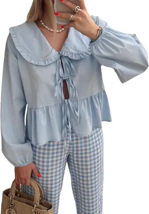 Lunoakvo Women Lapel Doll Collar Blouse Puff Sleeve Pleated Tie Front Peplum Shirts Summer Cute Babydoll Tops