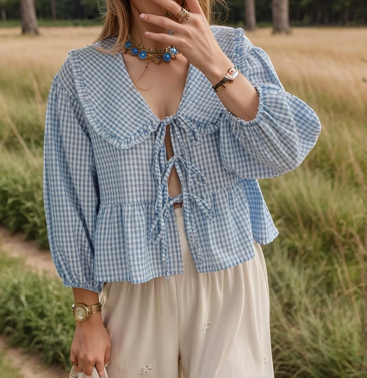 Lunoakvo Women Lapel Doll Collar Blouse Puff Sleeve Pleated Tie Front Peplum Shirts Summer Cute Babydoll Tops