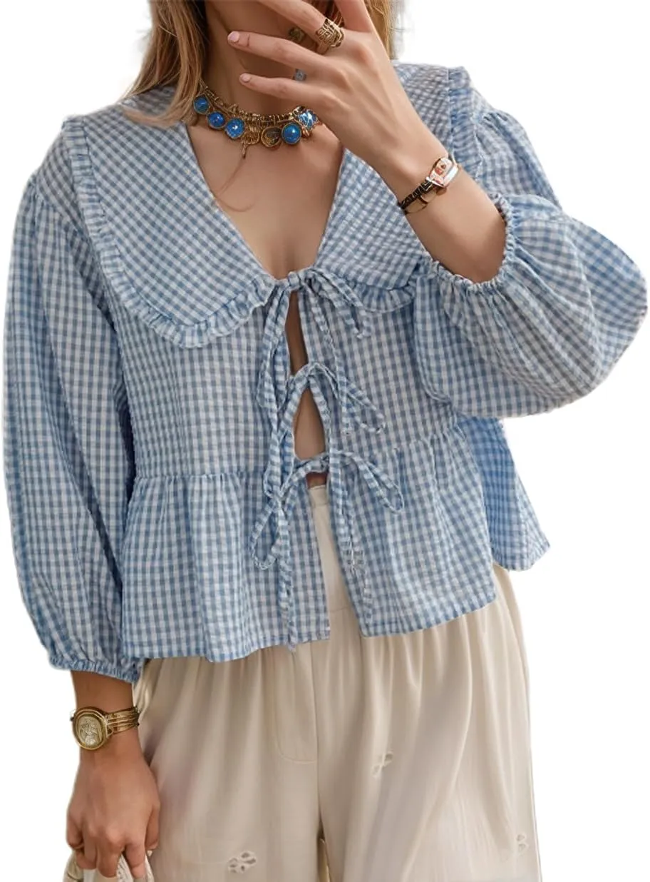 Lunoakvo Women Lapel Doll Collar Blouse Puff Sleeve Pleated Tie Front Peplum Shirts Summer Cute Babydoll Tops