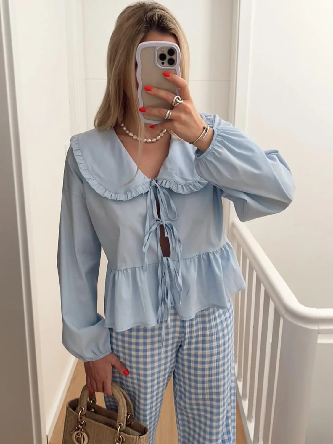 Lunoakvo Women Lapel Doll Collar Blouse Puff Sleeve Pleated Tie Front Peplum Shirts Summer Cute Babydoll Tops