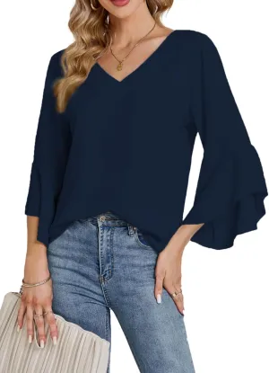 LYANER Women's Casual V Neck Ruffle Bell Half Sleeve Blouse Shirt Tunic Top