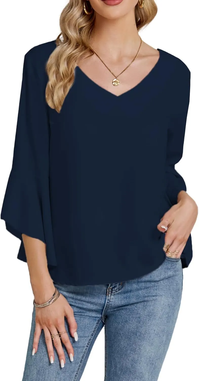 LYANER Women's Casual V Neck Ruffle Bell Half Sleeve Blouse Shirt Tunic Top