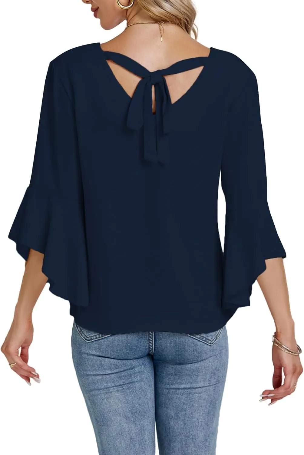 LYANER Women's Casual V Neck Ruffle Bell Half Sleeve Blouse Shirt Tunic Top