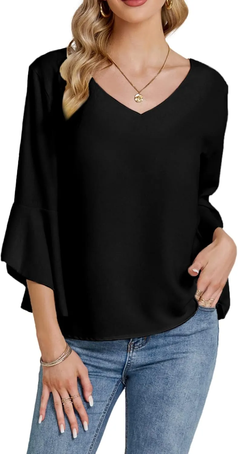 LYANER Women's Casual V Neck Ruffle Bell Half Sleeve Blouse Shirt Tunic Top