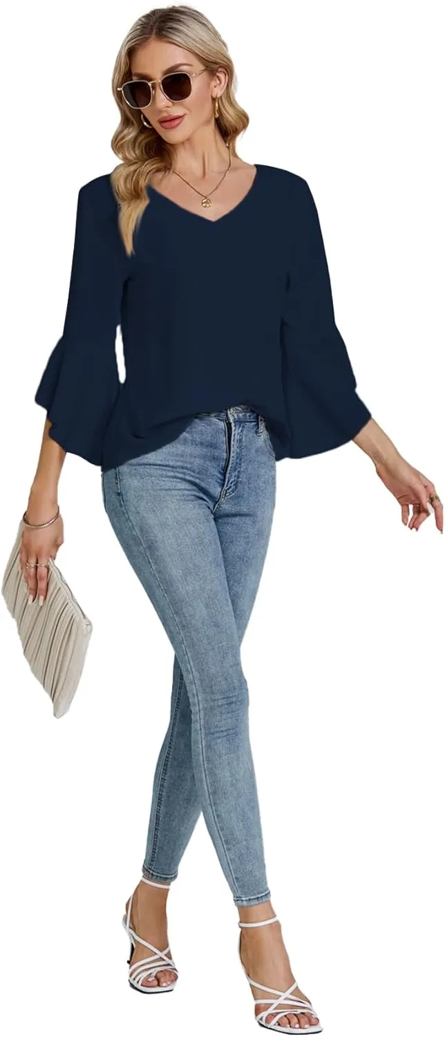 LYANER Women's Casual V Neck Ruffle Bell Half Sleeve Blouse Shirt Tunic Top