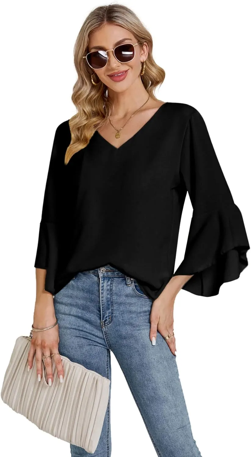 LYANER Women's Casual V Neck Ruffle Bell Half Sleeve Blouse Shirt Tunic Top