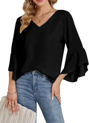 LYANER Women's Casual V Neck Ruffle Bell Half Sleeve Blouse Shirt Tunic Top