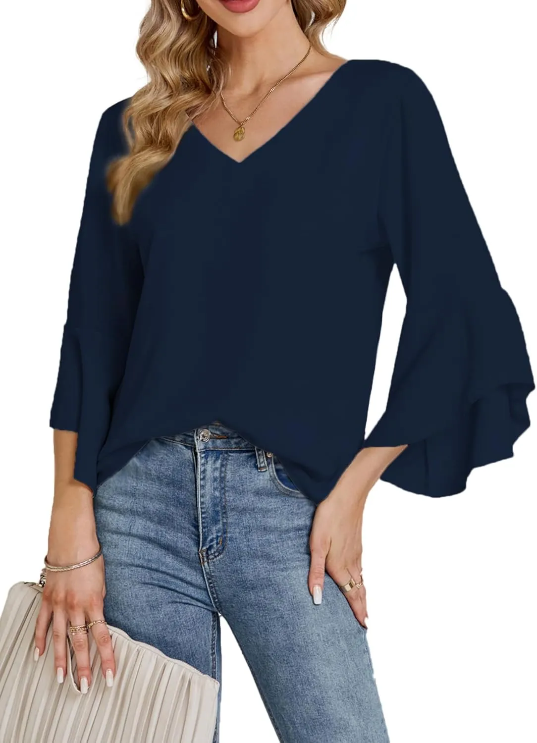 LYANER Women's Casual V Neck Ruffle Bell Half Sleeve Blouse Shirt Tunic Top
