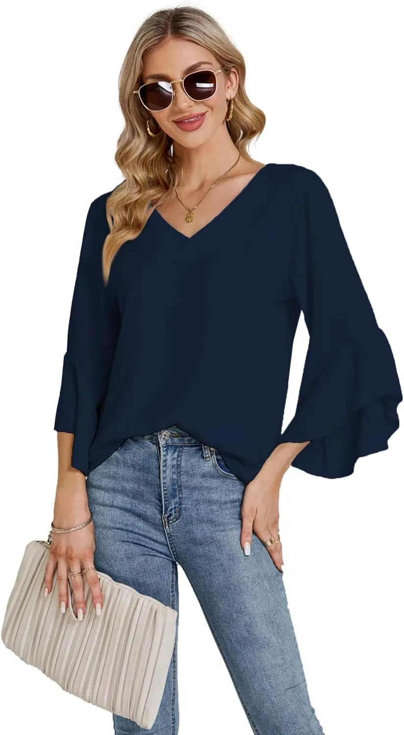 LYANER Women's Casual V Neck Ruffle Bell Half Sleeve Blouse Shirt Tunic Top