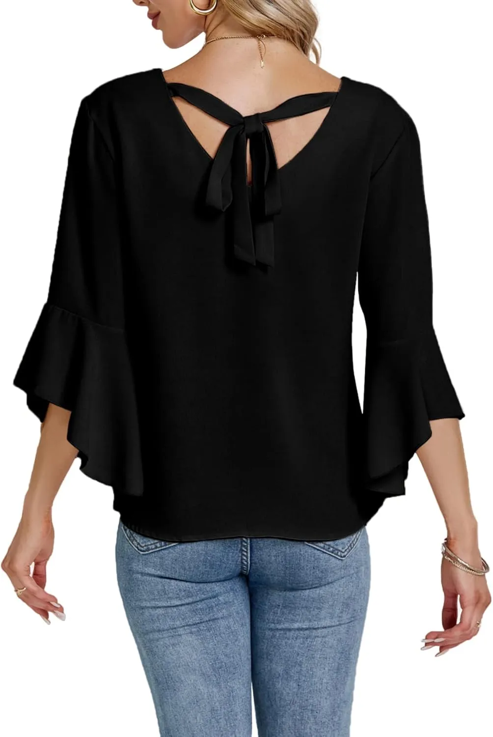 LYANER Women's Casual V Neck Ruffle Bell Half Sleeve Blouse Shirt Tunic Top