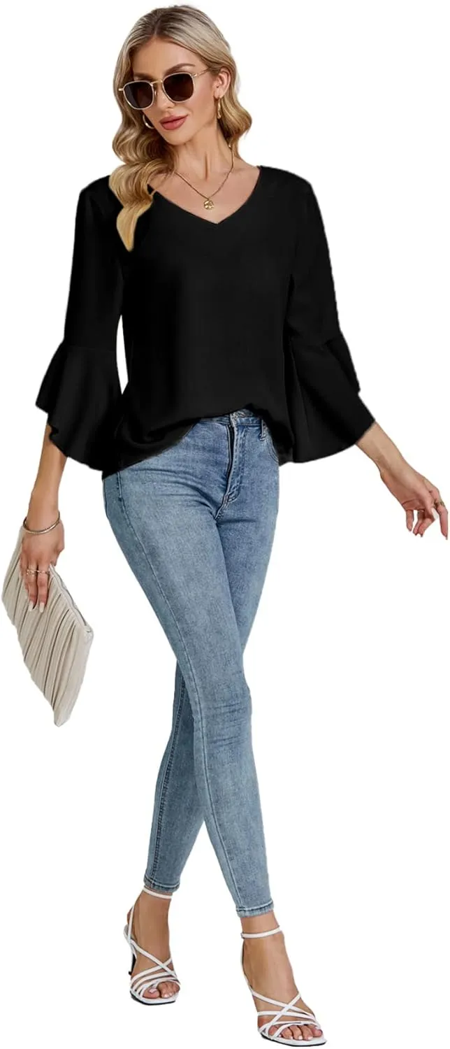 LYANER Women's Casual V Neck Ruffle Bell Half Sleeve Blouse Shirt Tunic Top