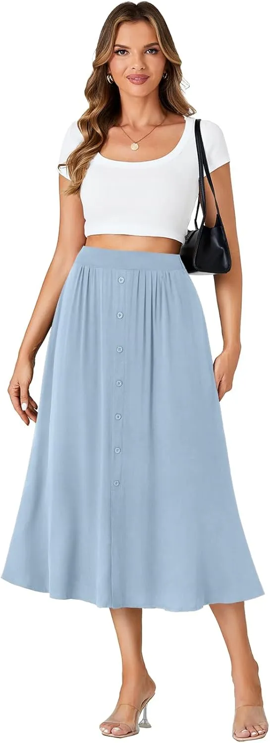 LYANER Women's High Elastic Waist Pleated Flare A Line Midi Skirt with Pockets