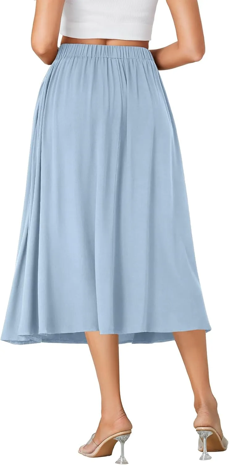 LYANER Women's High Elastic Waist Pleated Flare A Line Midi Skirt with Pockets